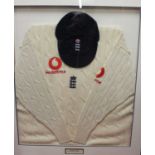 England Cricket interest - being framed jumper and cap attributed to Darren Gough in glazed case