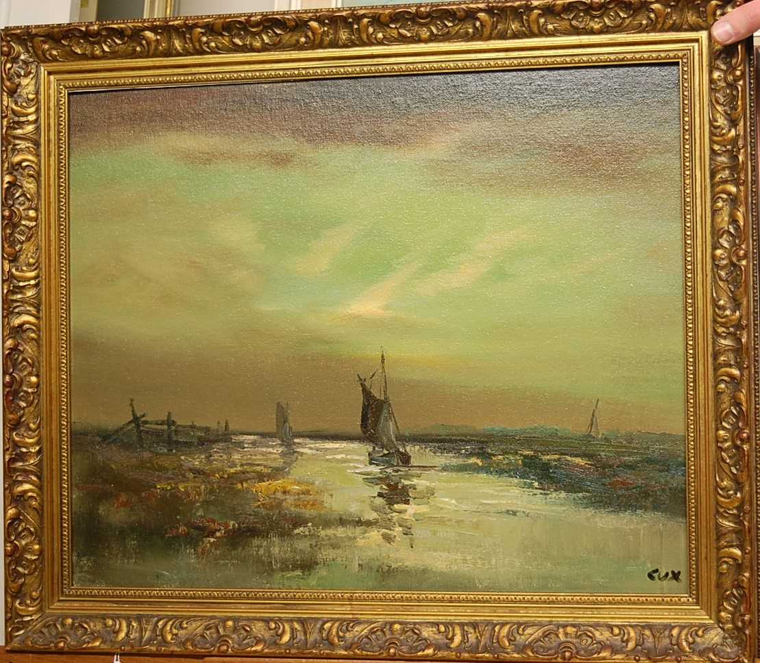 Cux - coastal scene at sundown, oil on artist board, signed lower right, 40x49cm