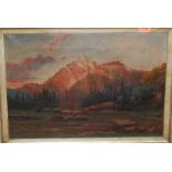 Early 20th century school - Mountain landscape at sunset, oil on canvas, monogrammed MR and dated