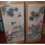 A set of four contemporary Oriental silk watercolours, each 51 x 121cm