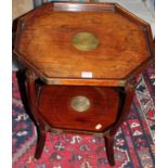 An early 20th century Chinese "rosewood" and engraved brass bound octagonal two-tier stand with