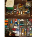 Two boxes of mixed diecast, to include Matchbox by Lesney TV services van, Matchbox Police Patrol