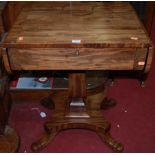 A William IV mahogany dropflap pedestal work table, having single frieze drawer, w.58.5cm (leaves