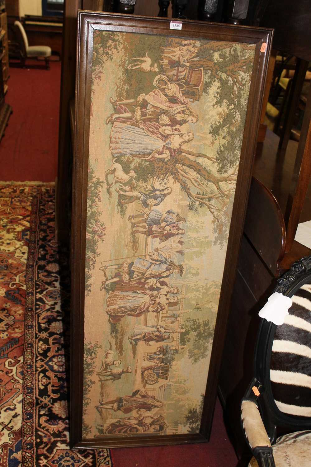 A Flemish tapestry wall panel, depicting society landscape scene, 44 x 139cm