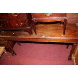 A Victorian mahogany long hall table, raised on plain turned tapering supports, w.151cm