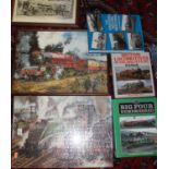 One box containing a small quantity of locomotive related books, two framed locomotive jigsaws,