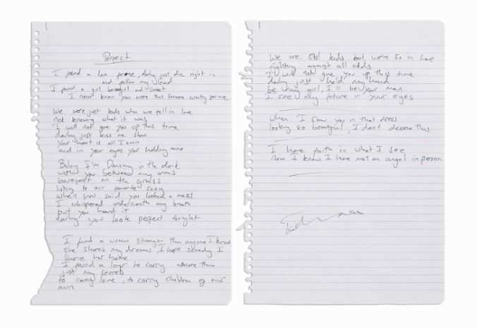 Ed Sheeran Handwritten and Signed Lyrics for Perfect Perfect, from Ed Sheeran’s third studio