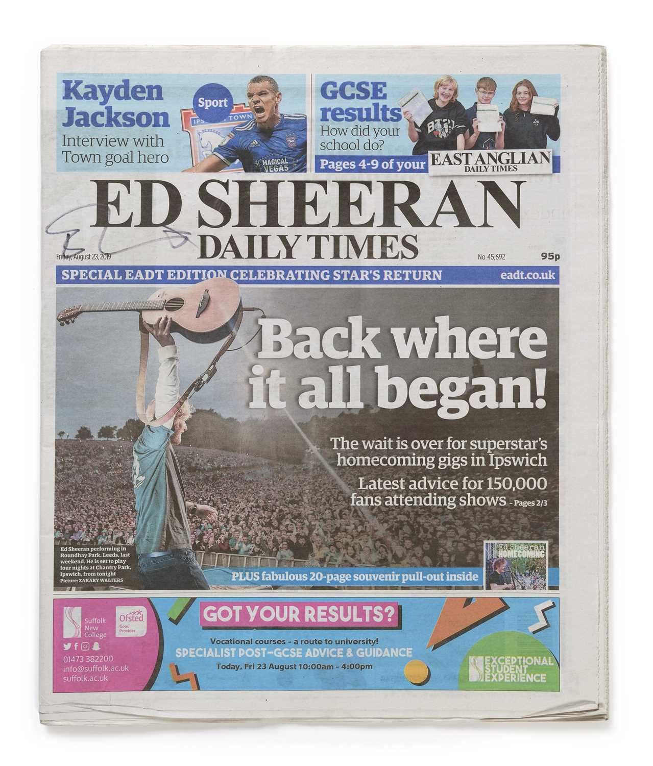 Signed Ed Sheeran Daily Times Newspaper, Friday 23 August 2019 An original copy of The East