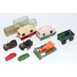 A Triang Minic tinplate and clockwork vehicle and empty box group, to include two caravans, two