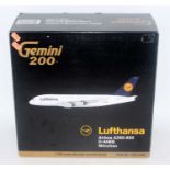 A Gemini Jets 200 model No. G2DLH 405 1/200 scale model of a Lufthansa Airbus A380-800 passenger