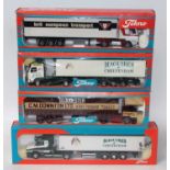 A Tekno 1/50 scale road transport diecast group, four examples to include a BET Britt Scania 142