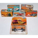 One tray containing six various boxed and carded Matchbox Superfast and Rollamatics issues diecast