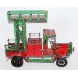 A Meccano home-built model of mainly 1950s red and green components, vintage tower wagon, with