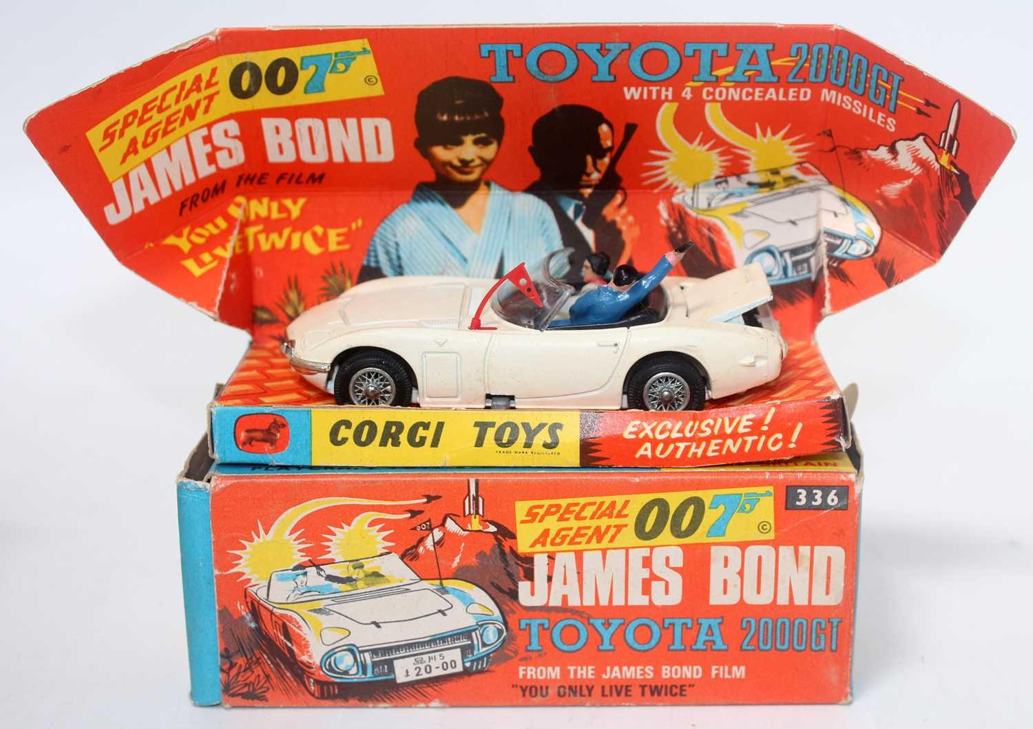 A Corgi Toys No.336 James Bond Toyota 2000 GT comprising of white body with black interior, Bond and