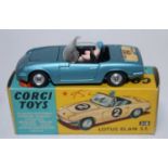 A Corgi Toys No. 318 Lotus Elan S2, comprising of metallic blue body with black interior and