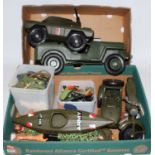 Two trays containing a large quantity of various Action Man accessories and vehicles to include army