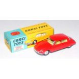 A Corgi Toys No. 210S Citroen DS19 comprising of red body with lemon interior and spun hubs,