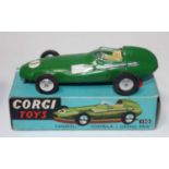 A Corgi Toys No. 150 Vanwall F1 race car comprising green body with racing No. 1 and flat spun hubs,