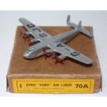 A Dinky Toys No. 70A Avro York Airliner comprising of silver body with four 3-blade red