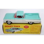 A Dinky Toys No. 449 Chevrolet el Camino pickup truck comprising of turquoise and white body with