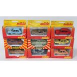 Nine various boxed Solido 1/43 scale mixed diecasts to include a 504 Coupe V6 taxi, an Alfa Sud, and