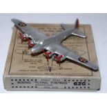 A Dinky Toys No. 62G Boeing Flying Fortress Monoplane, comprising of silver body with four 3-blade