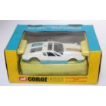 A Corgi Toys No. 271 Ghia 5000 Mangusta with Di Tomasso chassis, comprising of white and blue body