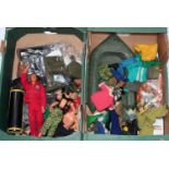 Two trays containing a quantity of vintage Action Man related items to include various dolls,