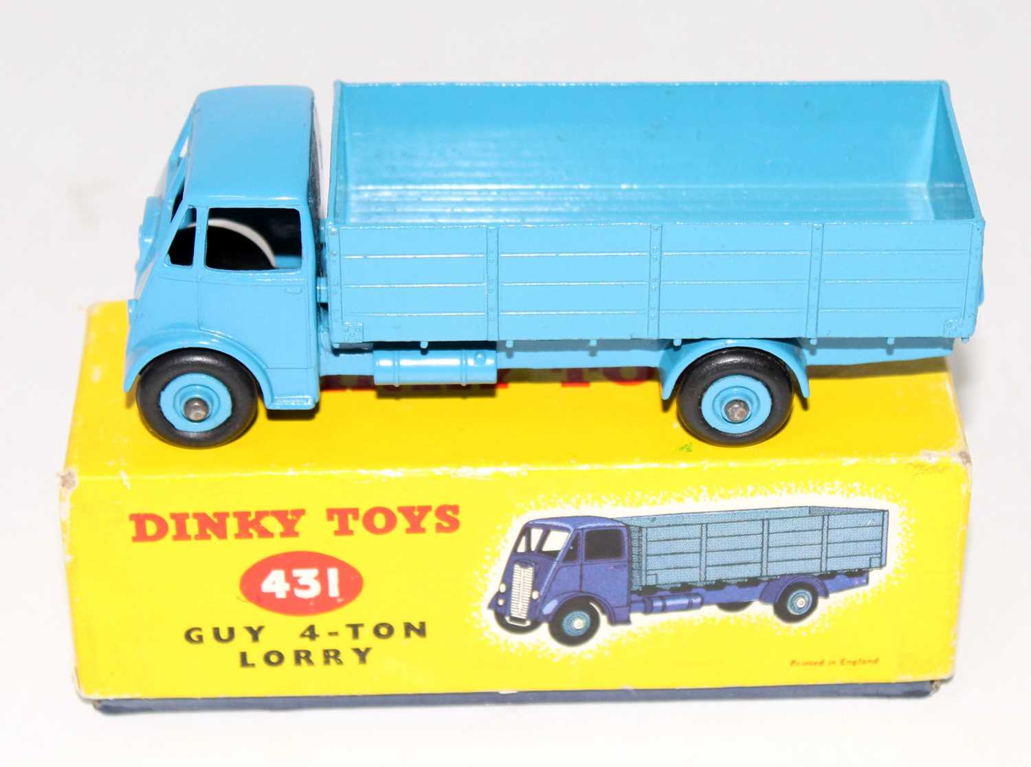 A Dinky Toys No. 431 guy 4 ton lorry comprising of mid blue cab, chassis and back, with Supertoys