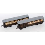 Two Hornby Pullman cars "Loraine" and "Montana" roofs repainted grey, both over varnished and