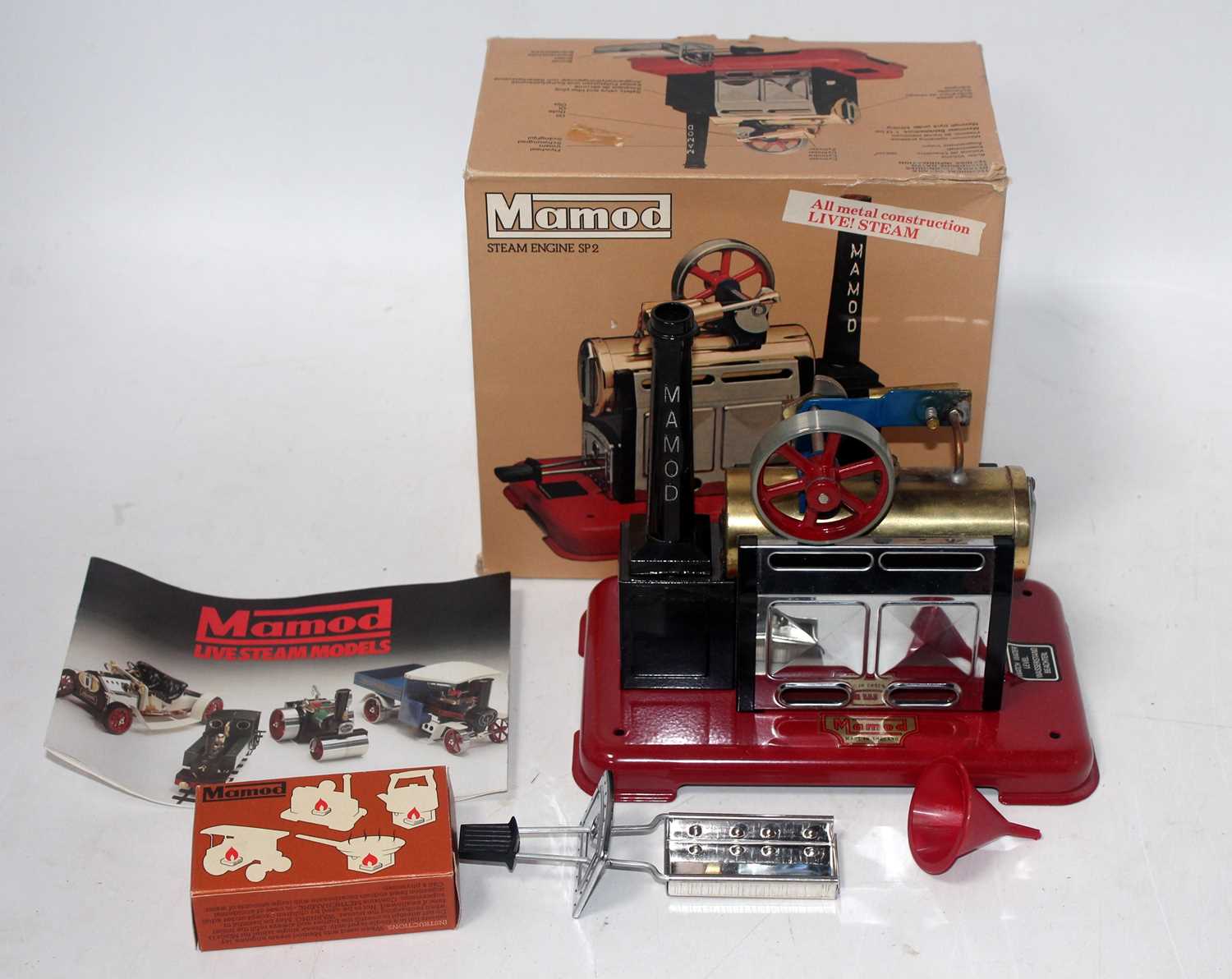 A Mamod SP2 stationary steam engine housed in the original all-card box with leaflet, burner,