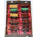 Large tray of 13 Hornby post war LMS wagons:- two each hopper, Insul-Meat, goods brake, cattle and