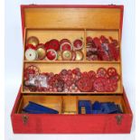 Meccano No. 3 storage cabinet, red, complete with tray containing quantity of blue/gold Meccano in