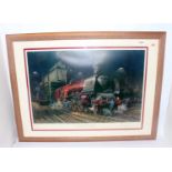 A framed and glazed Cuneo print ' Duchess of Hamilton', an engine shed scene, landscape, 39"x29"