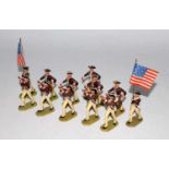 A collection of 1970s Elastolin plastic Washington 18th century Regiment figures to include two flag