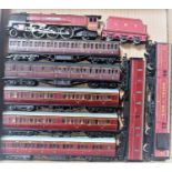 Tray containing Hornby MS red Duchess of Sutherland engine and tender(G) and 6 matching coaches 4x