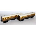 Two x reproduction Bowman GWR 1st/3rd composite bogie coaches with paper covered wooden sides,