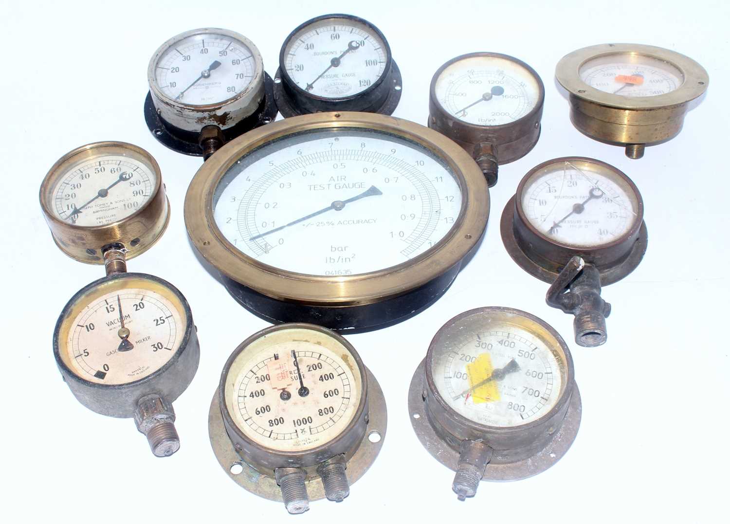 Ten various loose vintage steam and pressure gauges to include CA Stewart of Glasgow