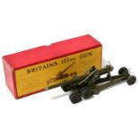 Britains No.2064 155mm Gun, green body with rubber tyres, with shell and casing, housed in the