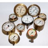 Ten various brass and metal cased pressure gauges, mixed examples to include Aqua Plant Works,