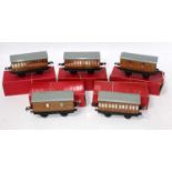 1947-59 five Hornby no. 1 NE teak coaches:- 2 x 1st/3rd (NM-BE), another (E-B repro), 2 x pass brake