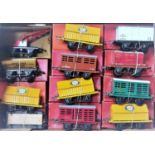 Large tray containing 12 post war Hornby wagons:- no. 1 crane, McAlpine side tipper, lumber, BR