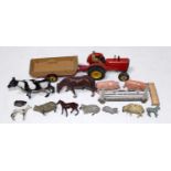 A small farmyard comprising 12 animals (cow/horse/pigs/sheep/dog), some Britains (VG), with Dinky