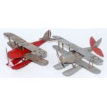 Meccano 2x No. 0 aeroplane seaplanes in service grey and red, one (G) and one (P)