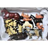 A small farmyard of moulded metal farm animals:- 6 sheep (probably Hornby), 5 pigs, 3 cows and 2