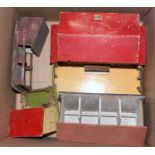 Four various manufactured and home built miniature wooden model farm buildings, to include