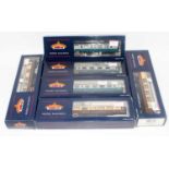 Three Bachmann BR Mk1 Pullman cars ref. 39-300, 39-310, and 39-320 (GNM-BG), and 3x Mk1 Blue-Grey