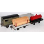 A small tray containing 3 x replica Bowman wagons including red tanker, 5 plank light grey open