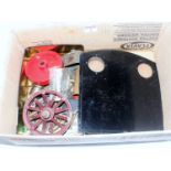 Small box containing a delve of various steam engine parts and sundries, 5" gauge locomotive cab