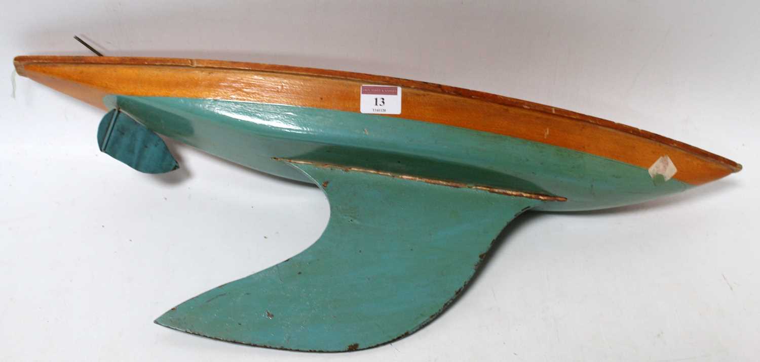 Bowman wooden yacht hull, polished deck, turquoise below water line, 24" long, with rudder but no